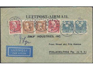 Sweden. Air mail cover Facit 270, 293, 321A , 2x15+2x20+2x90 öre on air mail cover sent …