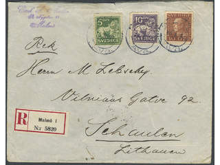 Sweden. Facit 143A, 146C, 186 cover, 5+10+30 öre on registered cover sent from MALMÖ …