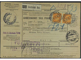 Sweden. Facit 168 cover , 2x1 kr on address card for parcel sent from STOCKHOLM BAN …