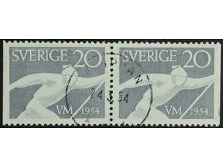 Sweden. Facit 454BB used , 1954 World Ski Champ. 20 öre grey, pair. Superb cancellation …
