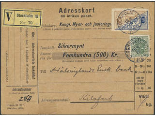 Sweden. Official Facit Tj24B, 44 , 5 öre + 1 kr on address card for insured parcel sent …