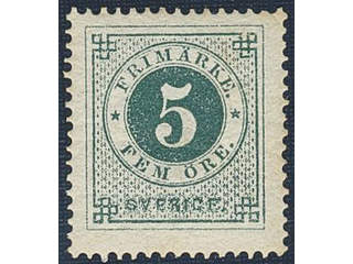 Sweden. Facit 19e ★, 5 öre dark blue-green, smooth print. Beautiful copy of a scarce …