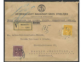 Sweden. Facit 157, 162 cover , 35+60 öre on insured cover sent from STOCKHOLM 1 12.9.25 …