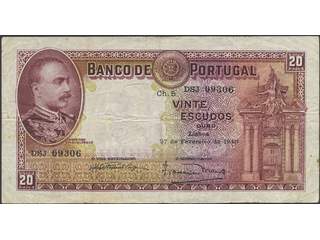 Banknotes, Portugal. Pick 143, 20 escudos 27.2.1940. Serial number DSJ 09306. F-VF.
