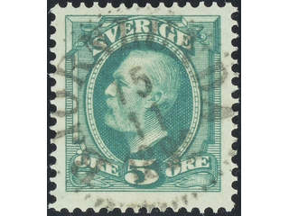 Sweden. Facit 52c used , 1893 Oscar II 5 öre blue-green. EXCELLENT cancellation …