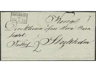 Sweden. K county. CARLSKRONA 23.9.1838, rectangular postmark. Type 1 on beautiful cover …