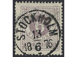 Sweden. Facit 20j used , 6 öre lilac. EXCELLENT cancellation STOCKHOLM 13.6.1876.