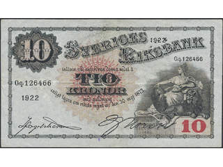 Banknotes, Sweden. SF R5:5, 10 kronor 1922. Qq,126466. 1/1+.