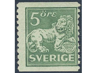 Sweden. Facit 140Acxz ★ , 5 öre green, type I, perf on two sides with vm lines + KPV. …