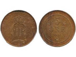 Coins, Sweden. Oskar II, MIS I.37, 5 öre 1904. Graded by PCGS as MS64 BN. 01/0.