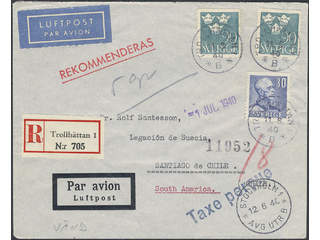Sweden. Facit 279, 293 cover, 30+2×90 öre on insufficiently prepaid registered air mail …