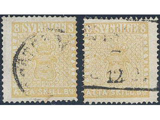 Sweden. Facit 4f used , 8 skill dull yellow-orange, dense background on medium thick …