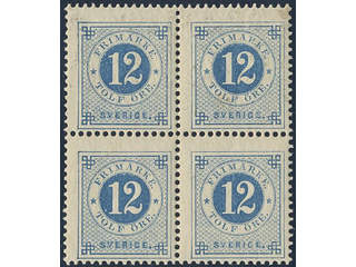 Sweden. Facit 32 ★★, 12 öre blue in block of four. Slightly dirty. SEK 4500