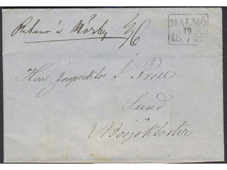 Sweden. M county. MALMÖ 19.7.1855, rectangular postmark. Type 10 on letter sent during …