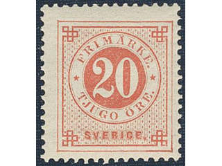 Sweden. Facit 46d ★★, 20 öre dark orange-red on yellowish paper. Very fine. SEK 3000
