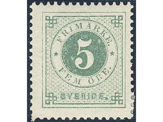 Sweden. Facit 30i ★ , 5 öre bluish dark-green on calendered paper. Somewhat short corner …