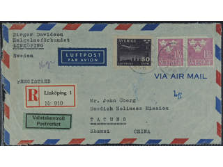 China Incoming mail. Michel 232, 298 cover , 50 öre + 2x1.20 kr on registered air mail …
