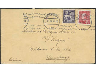 Sweden. Facit 146A, 177A on cover, 10+15 öre on cover sent from GÖTEBORG 3.1.36 to Hong …