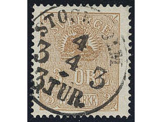 Sweden. Facit 14Bg used , 3 öre greyish orange-brown, type II. Superb cancellation …