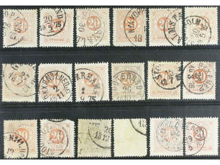 Sweden. Facit 22 used , 20 öre orange, eighteen used copies. Shades, varieties, …
