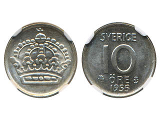 Coins, Sweden. Gustav VI Adolf, MIS I.4, 10 öre 1955. Tied finest graded by NGC as MS66. …