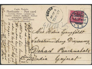 Sweden. Facit 54 cover , 10 öre on postcard sent from MALMÖ 5.6.07 to India. Anrrival …