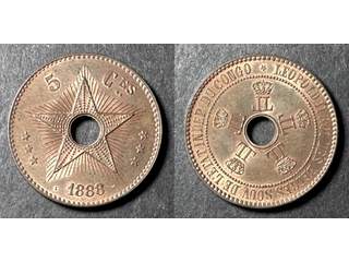 Belgiska Kongo Leopold II (1865-1908) 5 centimes 1888/7, UNC röd-brun