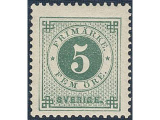 Sweden. Facit 43d ★★, 5 öre dark green on yellowish paper. Fresh and beautiful copy. …