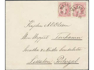 Sweden. Facit 45 cover , 2x10 öre on cover sent from MAJORNA 3.3.1889 to Portugal with …