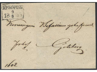 Sweden. F county. JÖNKÖPING 9.8.1855, rectangular postmark. Type 4 on cover sent during …