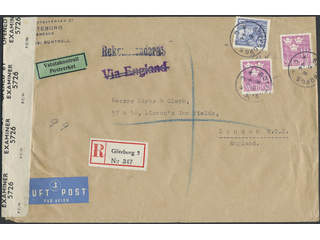Sweden. Air mail cover Facit 279, 298 , 30 öre +2x1,20 kr on censored registered air …