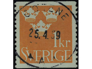 Sweden. Facit 294 used , 1939 Three Crowns 1 Kr orange. EXCELLENT cancellation GÖTENE …