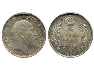 Coins, India. Edward VII (1901-1910), KM 506, ¼ rupee 1907. Calcutta mint. Graded by …