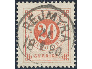 Sweden. Facit 46c used , 20 öre dark orange-red. Superb cancellation REJMYRA 26.1.1890.