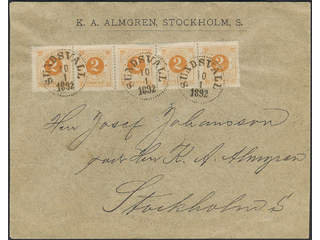 Sweden. Facit 40c on cover, 2 öre reddish orange in strip of five on beautiful domestic …