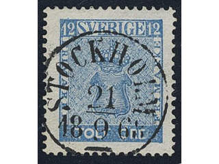Sweden. Facit 9d3 used , 12 öre light blue, perforation of 1865. EXCELLENT cancellation …
