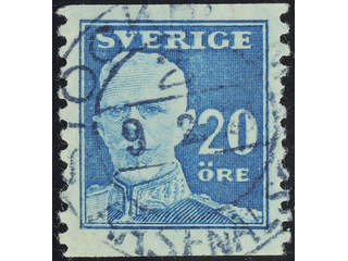 Sweden. Facit 151Abz used , 1920 Gustaf V full face 20 öre blue, perf on two sides, with …