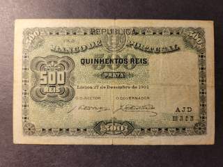 Portugal 500 reis ND(1917) opt REPUBLICA on 27.12.1904 dated note, F-VF