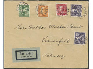 Sweden. Air mail cover Facit 143, 181, etc. , 5+2x10+15+20 öre on decorative air mail …
