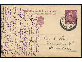 Sweden. Postal stationery, Double postcard, Facit bKd22, Response card 15 öre sent from …