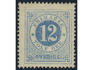 Sweden. Facit 21b ★, 12 öre dull ultramarine-blue on yellowish paper. Very fine and fresh.