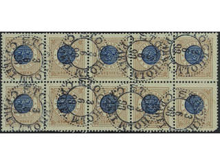 Sweden. Facit 49 used , 1 Krona brown/blue in block of ten. Cancelled STOCKHOLM 3.6.98. …