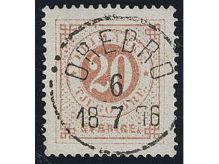 Sweden. Facit 22e used , 20 öre brownish red. EXCELLENT cancellation ÖREBRO 6.7.1876. A …