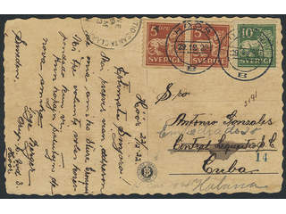 Sweden. Facit 142A, 144A cover , 2×5+10 öre on picture postcard (Slottsgatan, Malmö) …