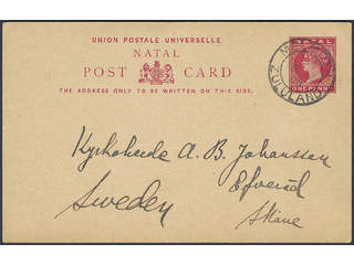 Sweden. Incoming stamped mail. Natal. Postal stationery postcard 1 p sent from MELMOTH …