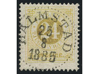 Sweden. Facit 34f used , 24 öre lemon yellow, slightly oxidized. EXCELLENT cancellation …