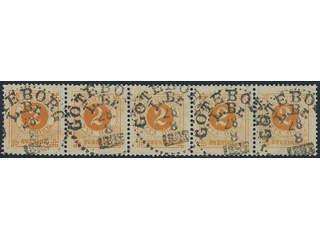 Sweden. Facit 40 used , 2 öre yellow in strip of five. Cancelled GÖTEBORG LBR 28.8.1892. …