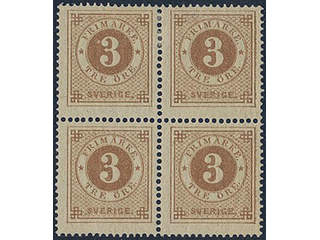 Sweden. Facit 17a ★★/★, 3 öre greyish yellow-brown in block of four. One stamp MNH. …