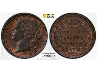 Storbritannien Queen Victoria (1837-1901) 1/3 farthing 1868, UNC, PCGS MS65 BN TOP POP