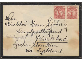Sweden. Facit 82 cover , 2x10 öre on unusually early cover sent to Czechoslovakia …